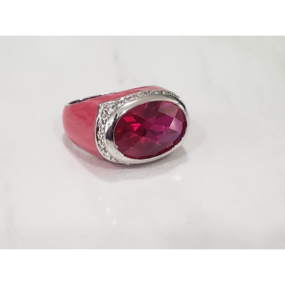 Lauren G Adams Rhinestone Cubic Zirconia HOT PINK enamel ring Art Deco Cocktail